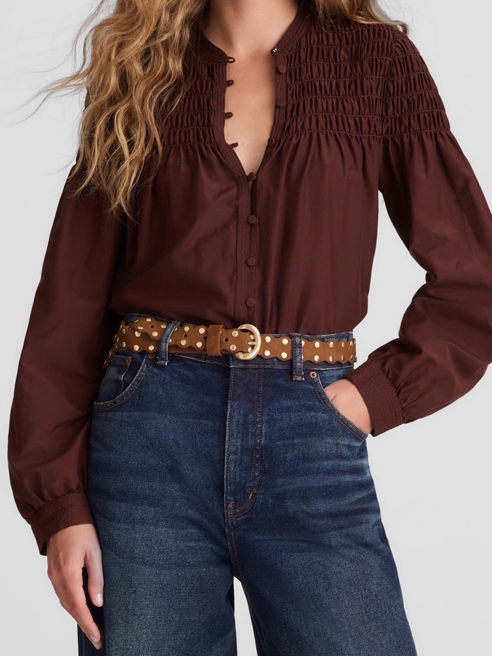 Madewell Smocked Silk Cotton Button Front Blouse Plum Brown XS